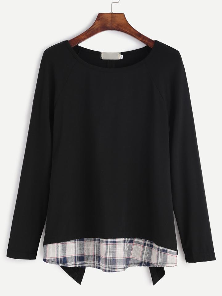 Shein Black Raglan Sleeve Contrast Plaid Trim Asymmetric T-shirt