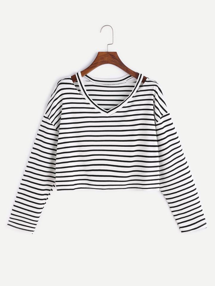 Shein Black White Striped Cut Out Neck T-shirt