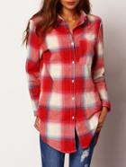Shein Red White Lapel Plaid Loose Blouse