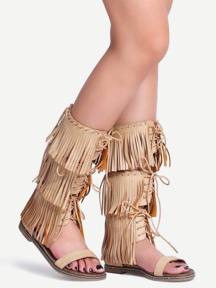 Shein Apricot Lace Up Tassel Flat Sandals