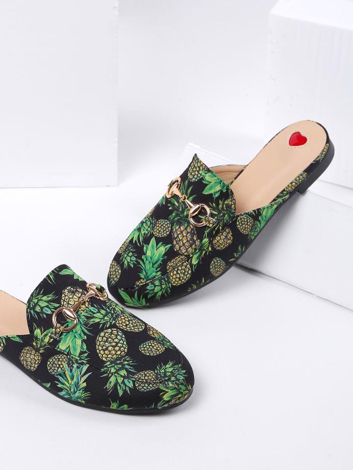 Shein Black Pineapple Print Flat Slippers