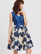 Shein Navy Embroidery Double V Neck Bow Tie Flare Dress