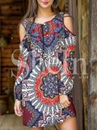 Shein Aztec Print Tie Neck Cold Shoulder Dress