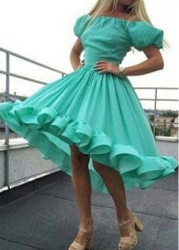 Rosewe Cyan Off The Shoulder Ruffled High Low Dress