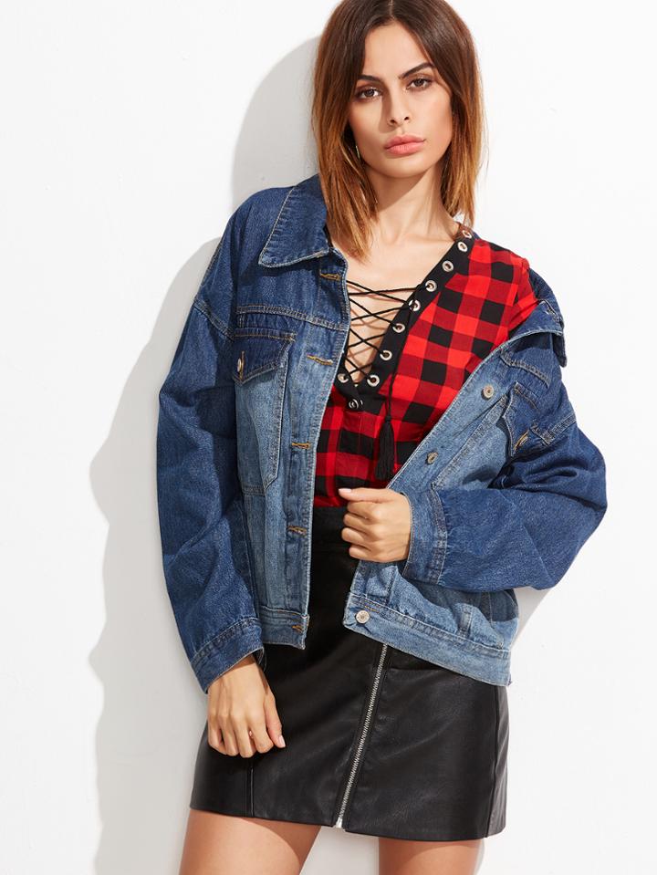 Shein Blue Ombre Drop Shoulder Single Breasted Denim Jacket