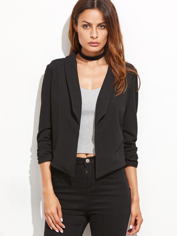 Shein Black Shawl Collar Shirred Sleeve Blazer