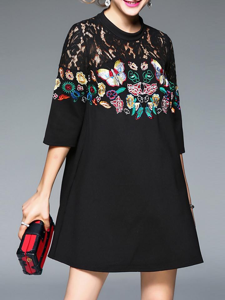 Shein Black Sheer Butterfly Embroidered Shift Dress