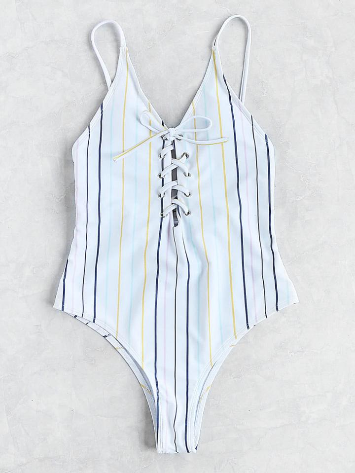 Shein Striped Lace Up Cami Swimsuit