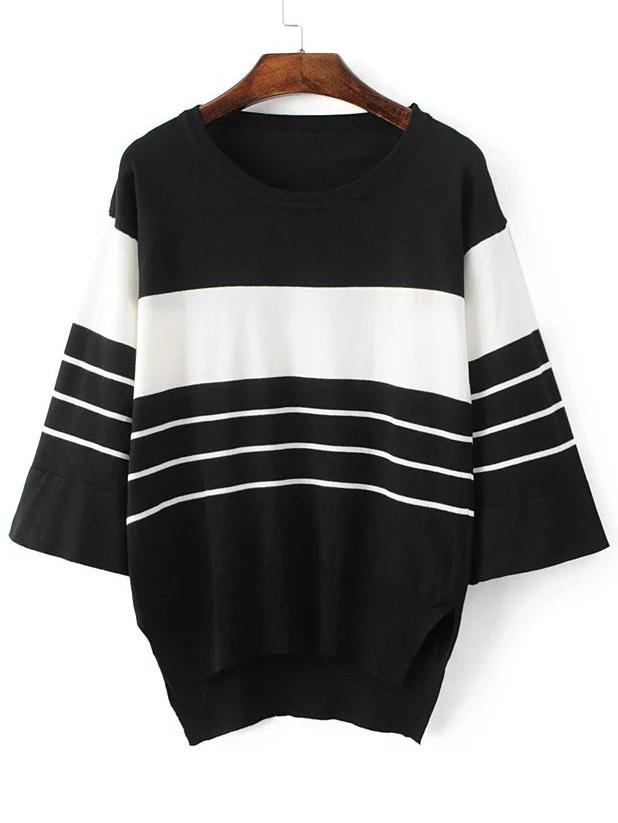 Shein Black Striped Split Side High Low Knitwear