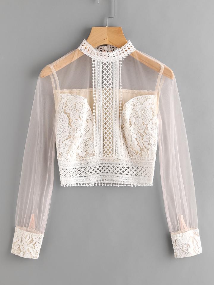 Shein Band Collar Mesh Sleeve Lace Top