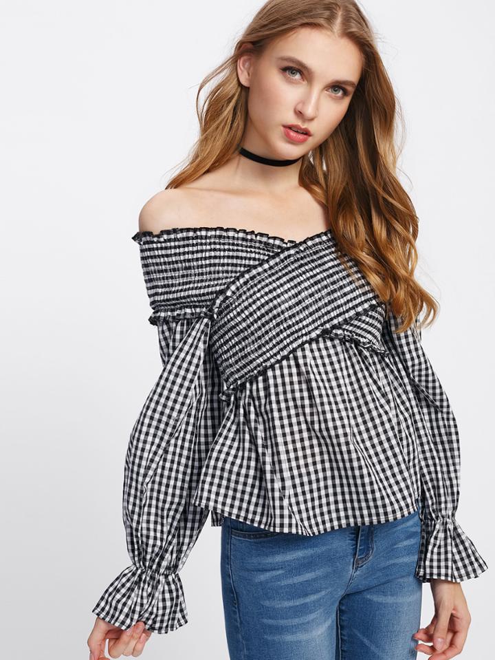 Shein Shirred Crisscross Frilled Detail Gingham Top