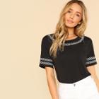 Shein Leaf Embroidery Trim Tee