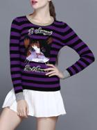 Shein Purple Black Striped Cat Applique Pouf Sweater