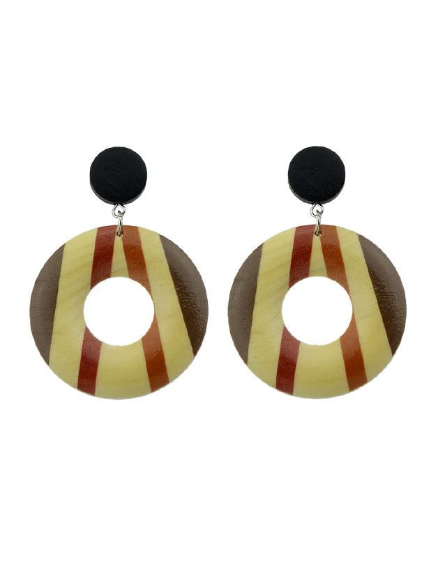 Shein Stripe Vintage Style Wood Geometric Pattern Round Hanging Earrings