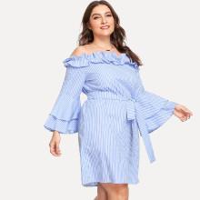 Shein Plus Layered Trumpet Sleeve Belted Ruffle Bardot Dress