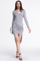 Shein Grey Long Sleeve V Neck High Low Dress