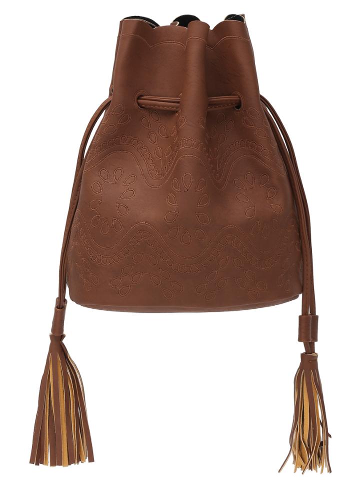 Shein Embroidery Tassel Drawstring Bucket Bag - Brown