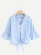 Shein Frill Trim Flounce Sleeve Knotted Blouse