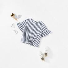 Shein Girls Keyhole Back Flounce Sleeve Knot Hem Striped Top