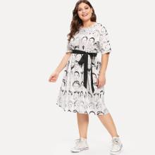 Shein Plus Figure Print Belted Dress