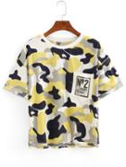 Shein Camouflage High-low Pocket T-shirt - Yellow