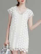 Shein White V Neck Crochet Hollow Out Shift Dress