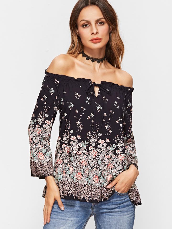 Shein Black Floral Print Off The Shoulder Tie Front Blouse