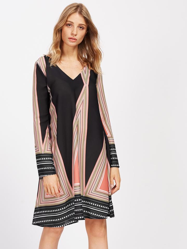 Shein Bell Sleeve Tribal Print Shift Dress