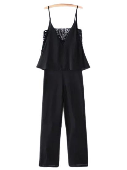 Shein Black Lace Splicing Chiffon Spaghetti Strap Jumpsuit