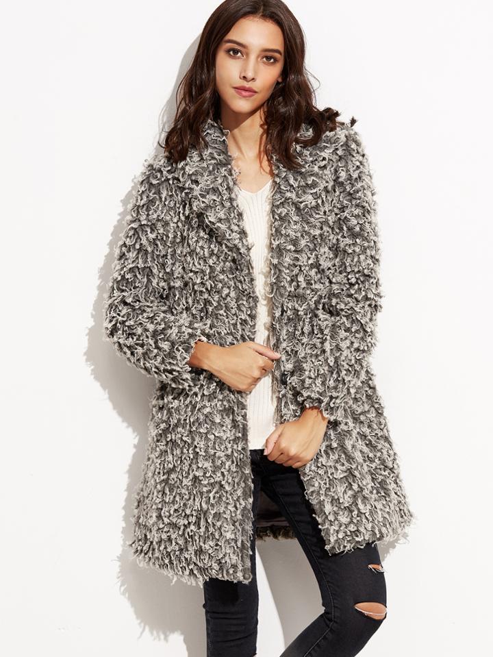 Shein Grey Notch Collar Concealed Button Fluffy Coat