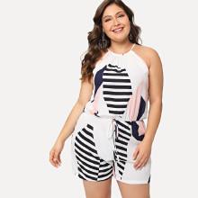 Shein Plus Drawstring Waist Printed Halter Romper