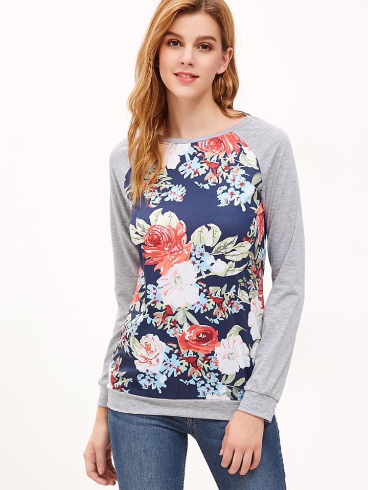 Shein Multicolor Floral Print Raglan Sleeve Sweatshirt