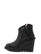 Shein Black Faux Leather Side Zipper Strap Wedge Boots