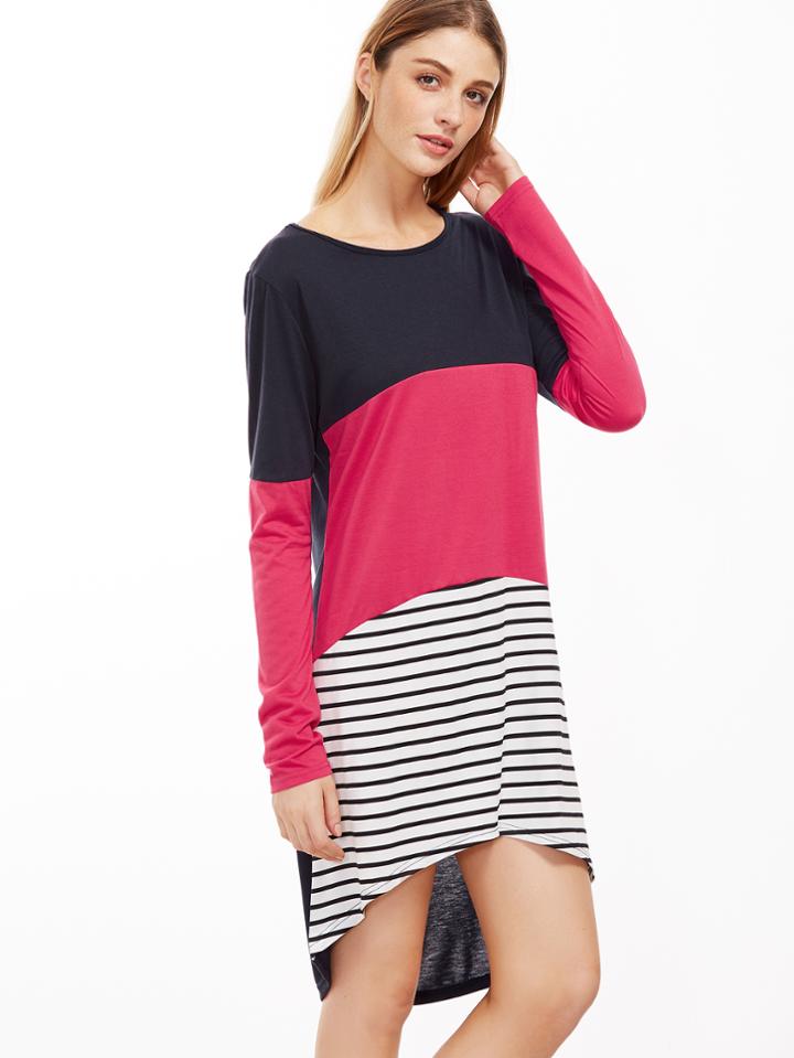 Shein Color Block Striped High Low Tee Dress