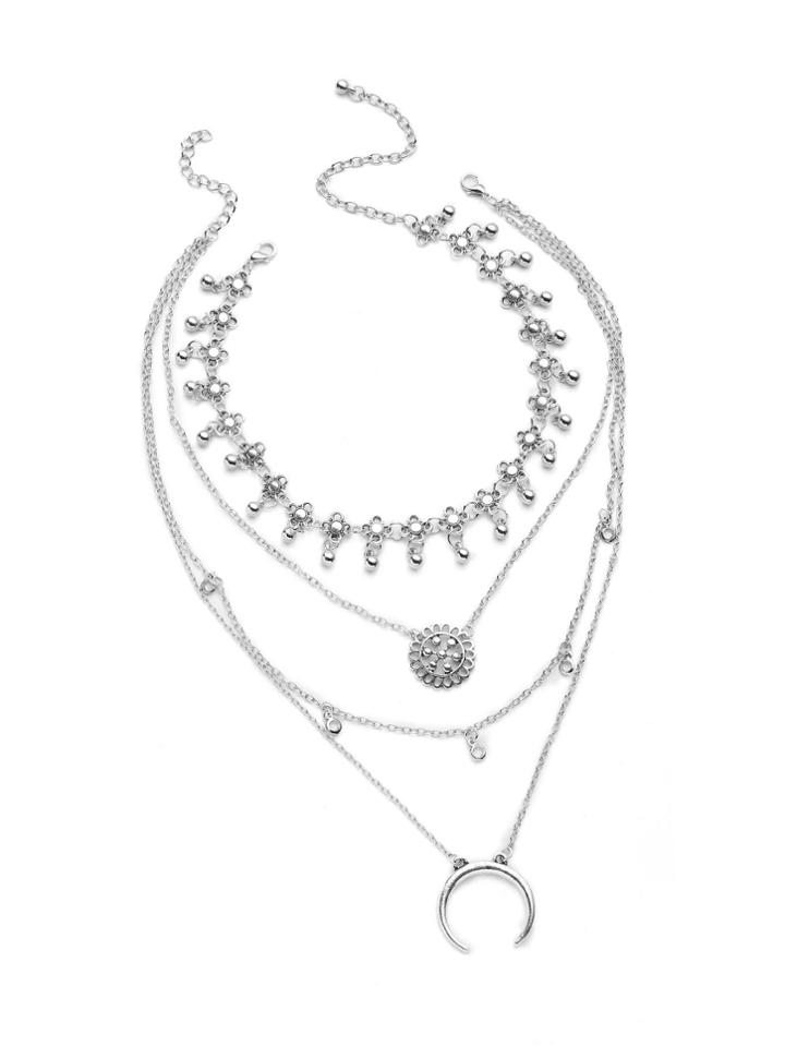 Shein Metal Flower And Moon Design Layered Necklace