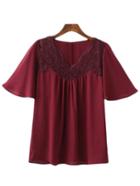 Shein Maroon Bell Sleeve Lace Splicing Blouse
