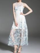 Shein White Blue Gauze Butterfly Applique Dress