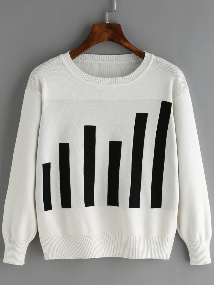 Shein White Crew Neck Striped Crop Knitwear