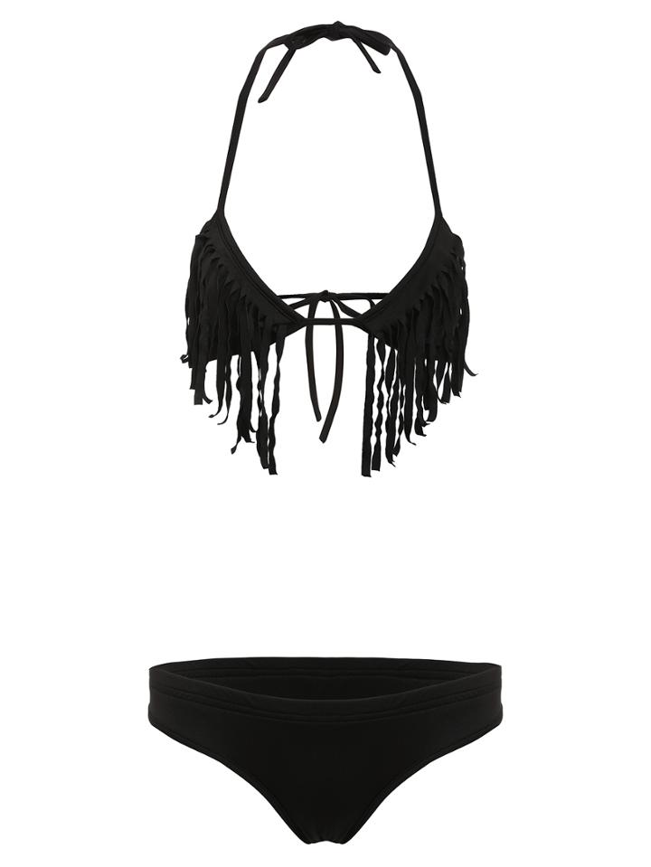 Shein Black Halter Fringe Lace Up Bikini Set