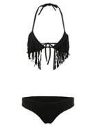Shein Black Halter Fringe Lace Up Bikini Set