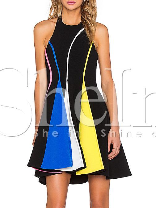 Shein Black Color Block Halter Backless Pleated Dress