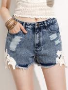 Shein Pocket Ripped Lace Raw Hem Denim Shorts