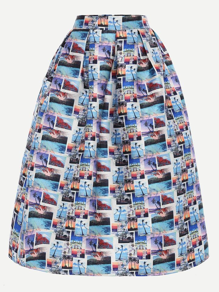 Shein Multicolor Stamp Print Box Pleated Midi Skirt