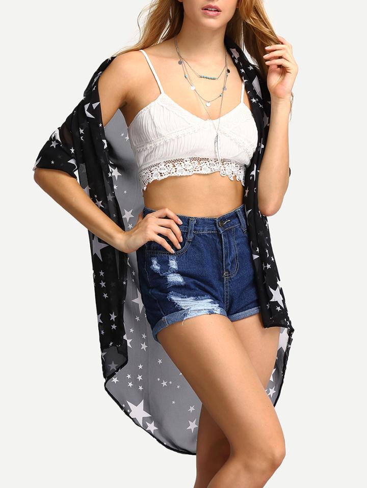 Shein Stars Print Chiffon High Low Top