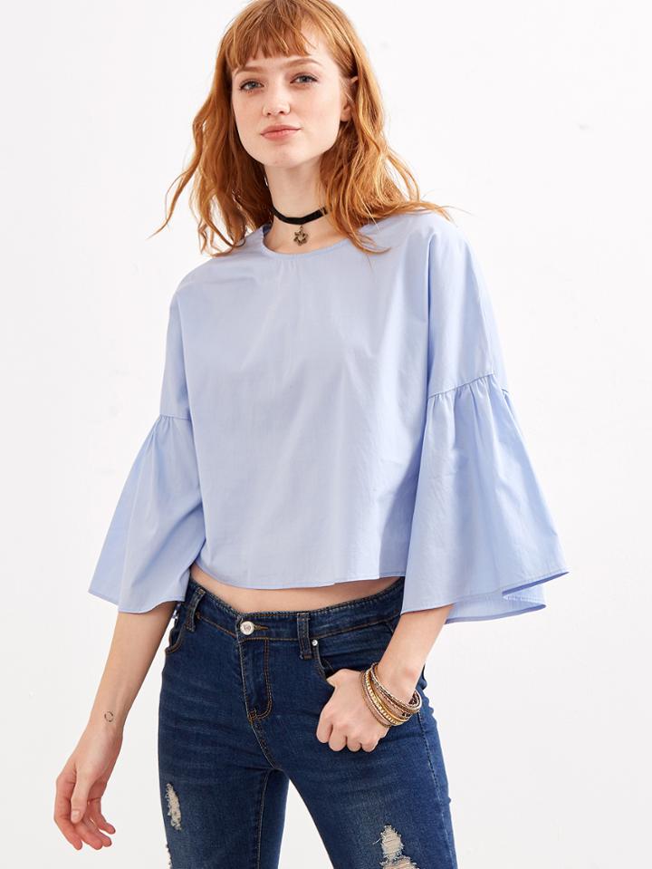 Shein Blue Bell Sleeve Crop Blouse