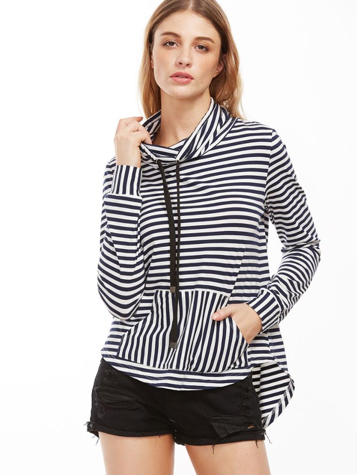 Shein Navy And White Striped Drawstring Cowl Neck High Low Sweatshirt
