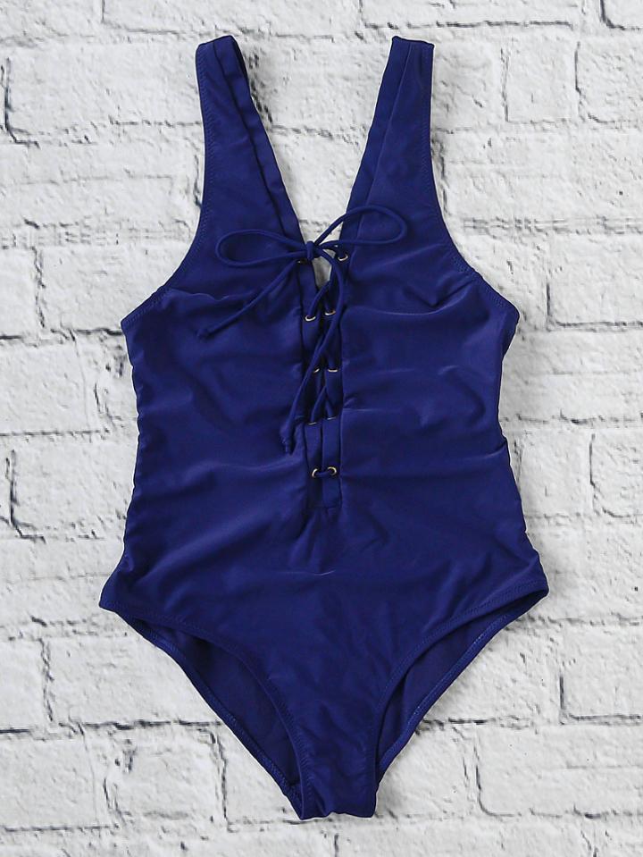 Shein Lace Up Plunge Neck One Piece Swimsuit
