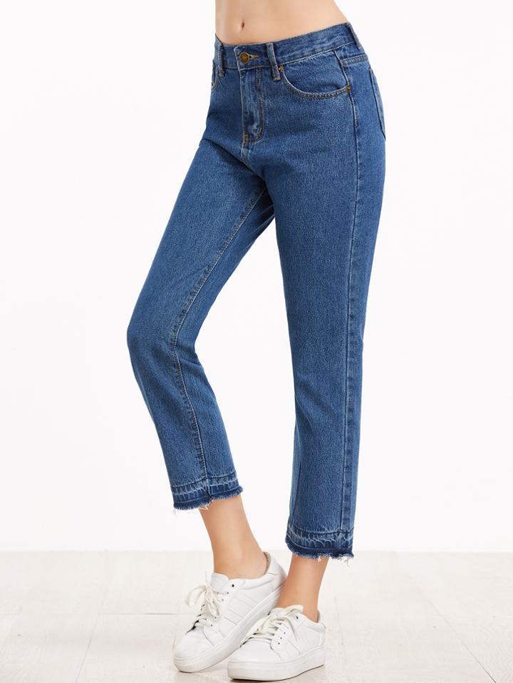Shein Dark Blue Raw Hem Straight Leg Jeans