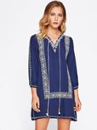 Shein Self Tie Front Tribal Embroidered Dress
