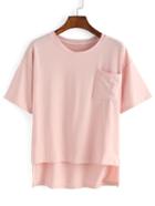 Shein Pink Front Pocket Dip Hem T-shirt